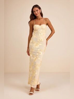 Lulus Nantessa Light Yellow Floral Applique Lace-Up Maxi Dress small as is***